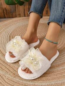 女性人造珍珠裝飾毛茸茸時尚室內家居拖鞋