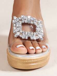 Phụ nữ Rhinestone Decor Rõ ràng Quai đeo Wedge Slide Sandals, Summer Summer Sandals - Trong sáng - Xem 6
