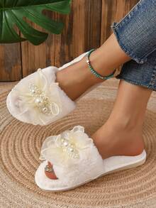 女性人造珍珠裝飾毛茸茸時尚室內家居拖鞋