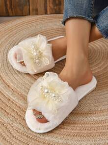 女性人造珍珠裝飾毛茸茸時尚室內家居拖鞋