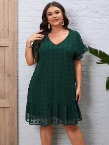 SHEIN LUNE Plus Swiss Dot Ruffle Hem Dress - Dark Green - View 3