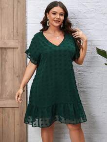 SHEIN LUNE Plus Swiss Dot Ruffle Hem Dress - Dark Green - View 4