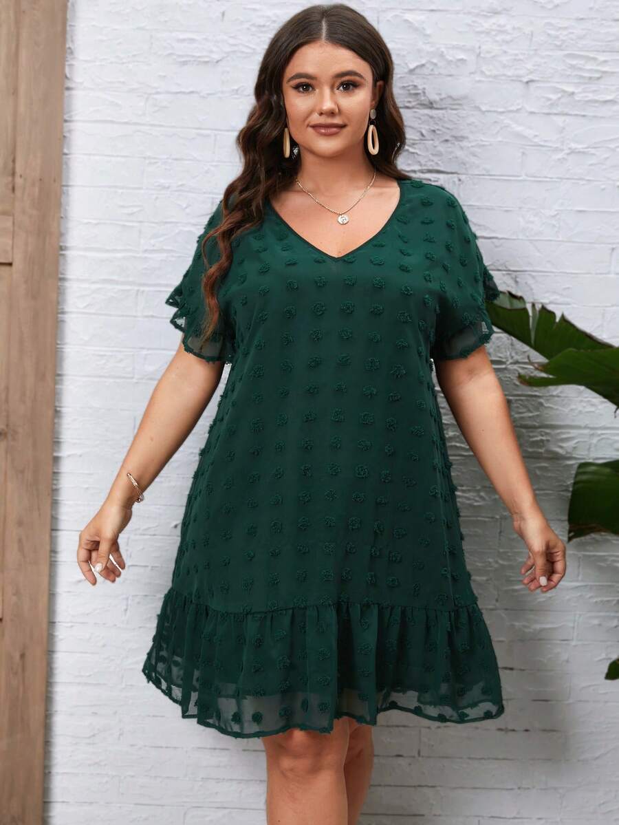 SHEIN LUNE Plus Swiss Dot Ruffle Hem Dress - Dark Green - View 1