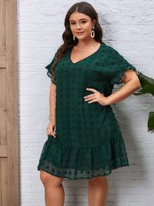 SHEIN LUNE Plus Swiss Dot Ruffle Hem Dress - Dark Green - View 5