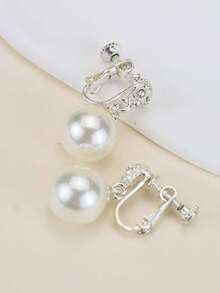 水鑽裝飾珍珠耳環 - 銀色 - 查看 2
