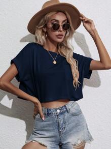 SHEIN LUNE Batwing Sleeve Pocket Patched Crop Tee - Navy Blue - View 5