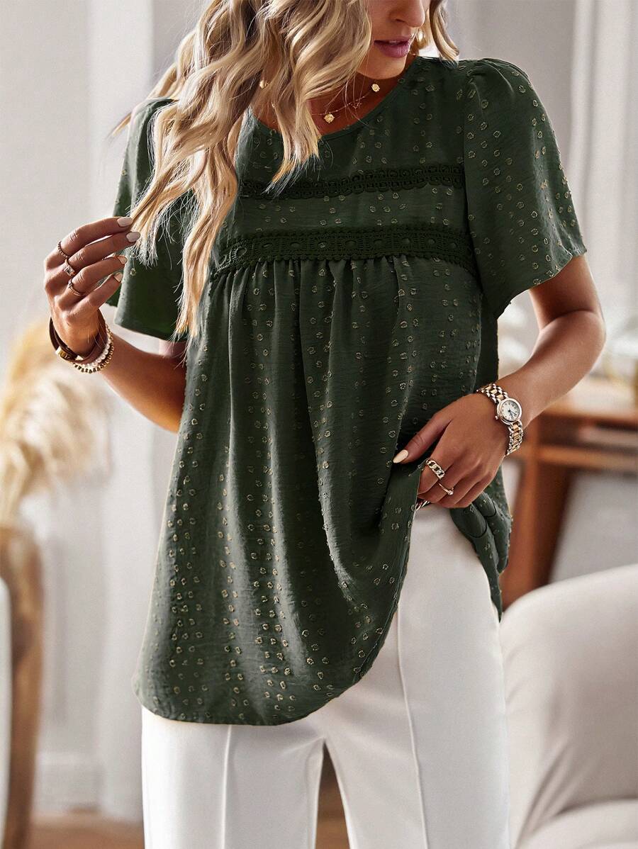 SHEIN LUNE 圓點蝴蝶袖襯衫 - 墨綠色 - 查看 1