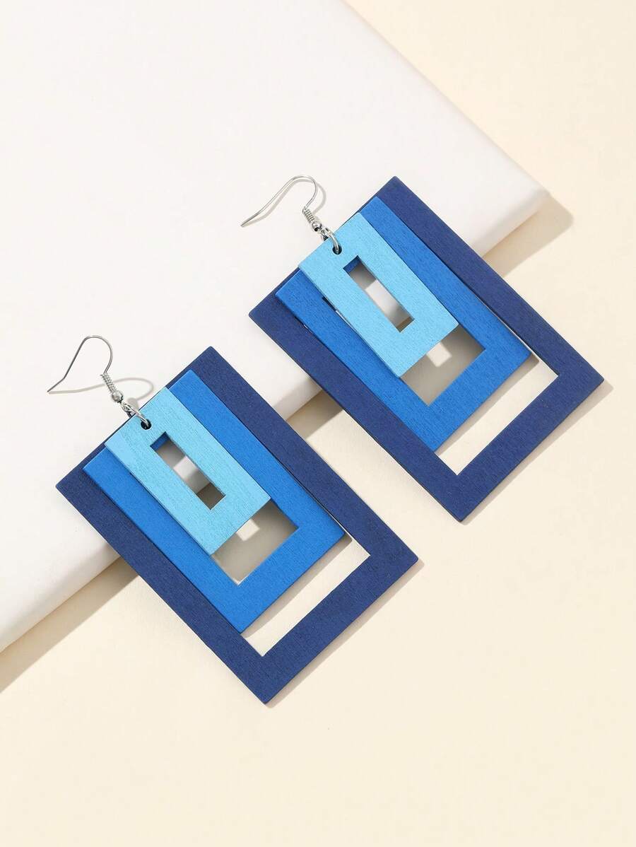 1 đôi bông tai hình vuông nhiều lớp bằng gỗ cho nữ với hiệu ứng ombre - Màu xanh lam - Xem 1