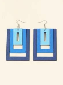 1 đôi bông tai hình vuông nhiều lớp bằng gỗ cho nữ với hiệu ứng ombre - Màu xanh lam - Xem 3