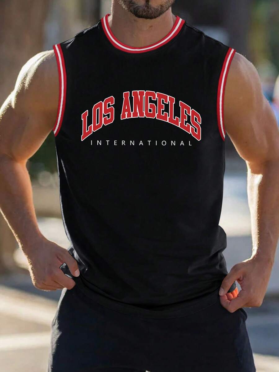 Manfinity Homme Camiseta de tirantes de hombre con gráficos de letras y ribetes de rayas, sin mangas, bloque de color, adecuada para ejercicios atléticos y baloncesto - Negro - Ver 1