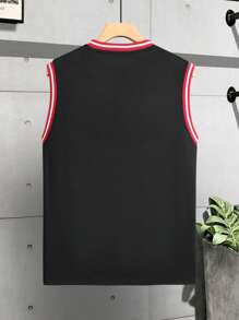 Manfinity Homme Camiseta de tirantes de hombre con gráficos de letras y ribetes de rayas, sin mangas, bloque de color, adecuada para ejercicios atléticos y baloncesto - Negro - Ver 2