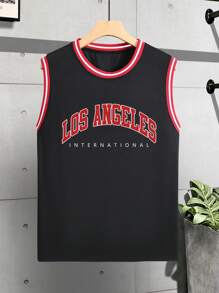 Manfinity Homme Camiseta de tirantes de hombre con gráficos de letras y ribetes de rayas, sin mangas, bloque de color, adecuada para ejercicios atléticos y baloncesto - Negro - Ver 3