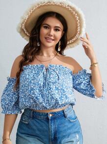 SHEIN VCAY 大碼碎花一字肩褶邊前打結短款襯衫 - 藍白色 - 查看 1