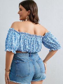 SHEIN VCAY 大碼碎花一字肩褶邊前打結短款襯衫 - 藍白色 - 查看 2