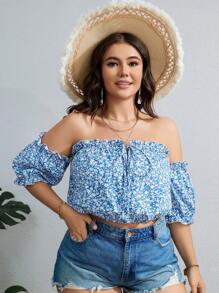 SHEIN VCAY 大碼碎花一字肩褶邊前打結短款襯衫 - 藍白色 - 查看 4