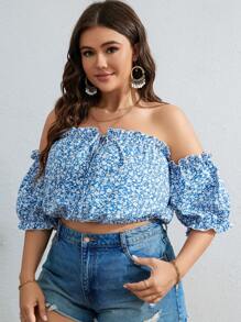 SHEIN VCAY 大碼碎花一字肩褶邊前打結短款襯衫 - 藍白色 - 查看 5