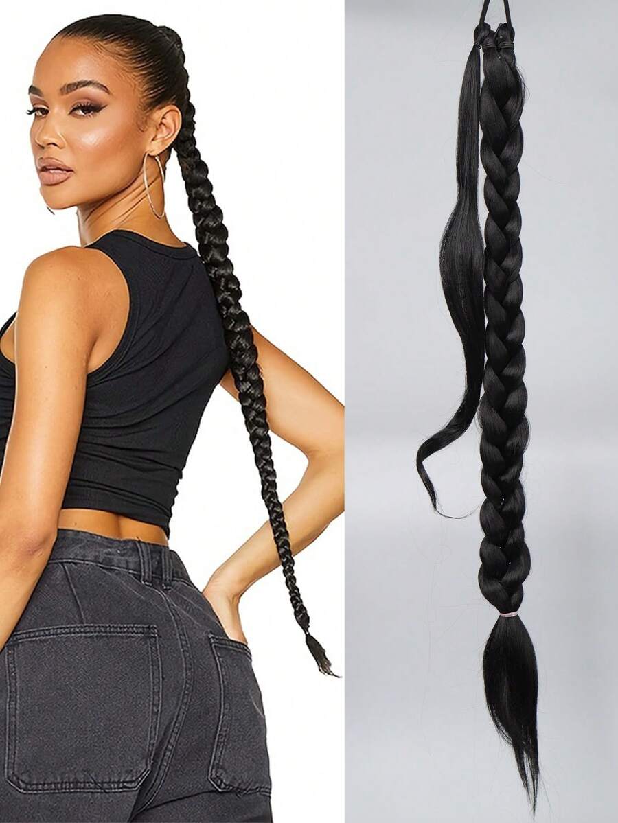 Black 30 Inch Extra Long Braided Twisted Ponytail Synthetic Hair Extension - Black - View 1