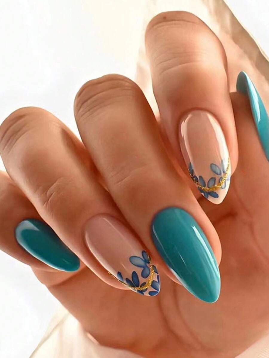 24 chiếc móng tay giả in hoa hạnh nhân dài & 1 tấm băng keo & 1 dũa móng tay - Nhiều màu - Xem 1