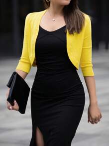 AAmilife Solid Casual Design Cardigan - Yellow - View 4