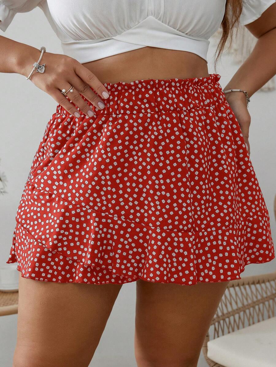 SHEIN VCAY Plus Ditsy Floral Print Paperbag Waist Ruffle Hem Skort - Red - View 1