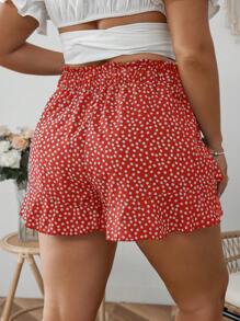 SHEIN VCAY Plus Ditsy Floral Print Paperbag Waist Ruffle Hem Skort - Red - View 2