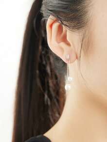 人造珍珠裝飾銀色吊式耳環 - 銀色 - 查看 6