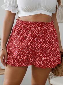 SHEIN VCAY Plus Ditsy Floral Print Paperbag Waist Ruffle Hem Skort - Red - View 4