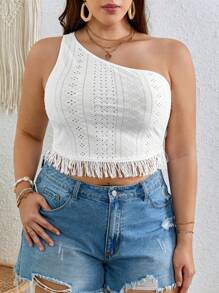 SHEIN VCAY Plus One Shoulder Fringe Hem Crop Top - White - View 1