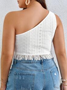 SHEIN VCAY Plus One Shoulder Fringe Hem Crop Top - White - View 2
