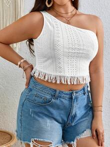 SHEIN VCAY Plus One Shoulder Fringe Hem Crop Top - White - View 3