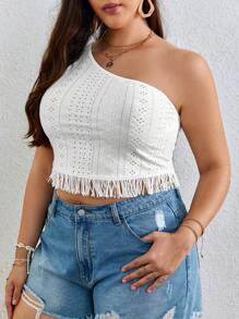 SHEIN VCAY Plus One Shoulder Fringe Hem Crop Top - White - View 4