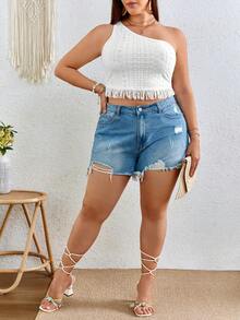 SHEIN VCAY Plus One Shoulder Fringe Hem Crop Top - White - View 5