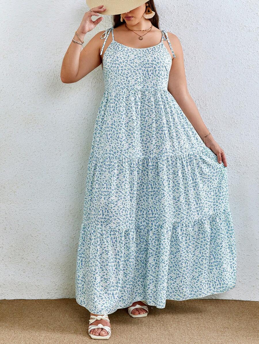 SHEIN VCAY Váy hai dây buộc vai bèo nhún in họa tiết hoa Boho cỡ lớn, dành cho mùa hè - Màu xanh nhạt - Xem 1