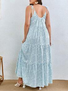 SHEIN VCAY Váy hai dây buộc vai bèo nhún in họa tiết hoa Boho cỡ lớn, dành cho mùa hè - Màu xanh nhạt - Xem 2