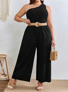 SHEIN VCAY Plus One Shoulder Wide Leg Jumpsuit Without Belt - Black - View 1