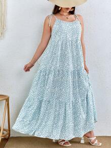 SHEIN VCAY Váy hai dây buộc vai bèo nhún in họa tiết hoa Boho cỡ lớn, dành cho mùa hè - Màu xanh nhạt - Xem 4