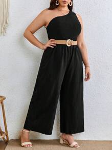 SHEIN VCAY Plus One Shoulder Wide Leg Jumpsuit Without Belt - Black - View 3