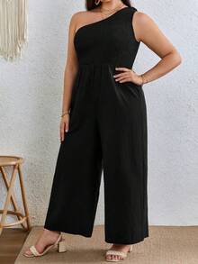 SHEIN VCAY Plus One Shoulder Wide Leg Jumpsuit Without Belt - Black - View 5