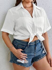 SHEIN EZwear 大碼素色前紐扣襯衫 - 白色 - 查看 3