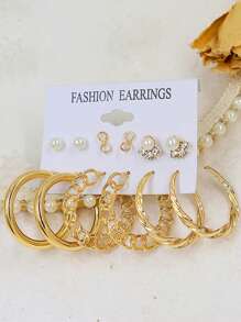 12 cái/bộ Của phụ nữ Đúng mốt vô cực Biểu tượng Ngọc trai Giả Khóa Chuỗi & Đa nguyên tố Nghiên cứu , Vòng , Và Thả hoa tai Bộ , Hoàn hảo Hằng ngày Phụ kiện & Qủa tặng Đối với phụ nữ - Vàng - Xem 2