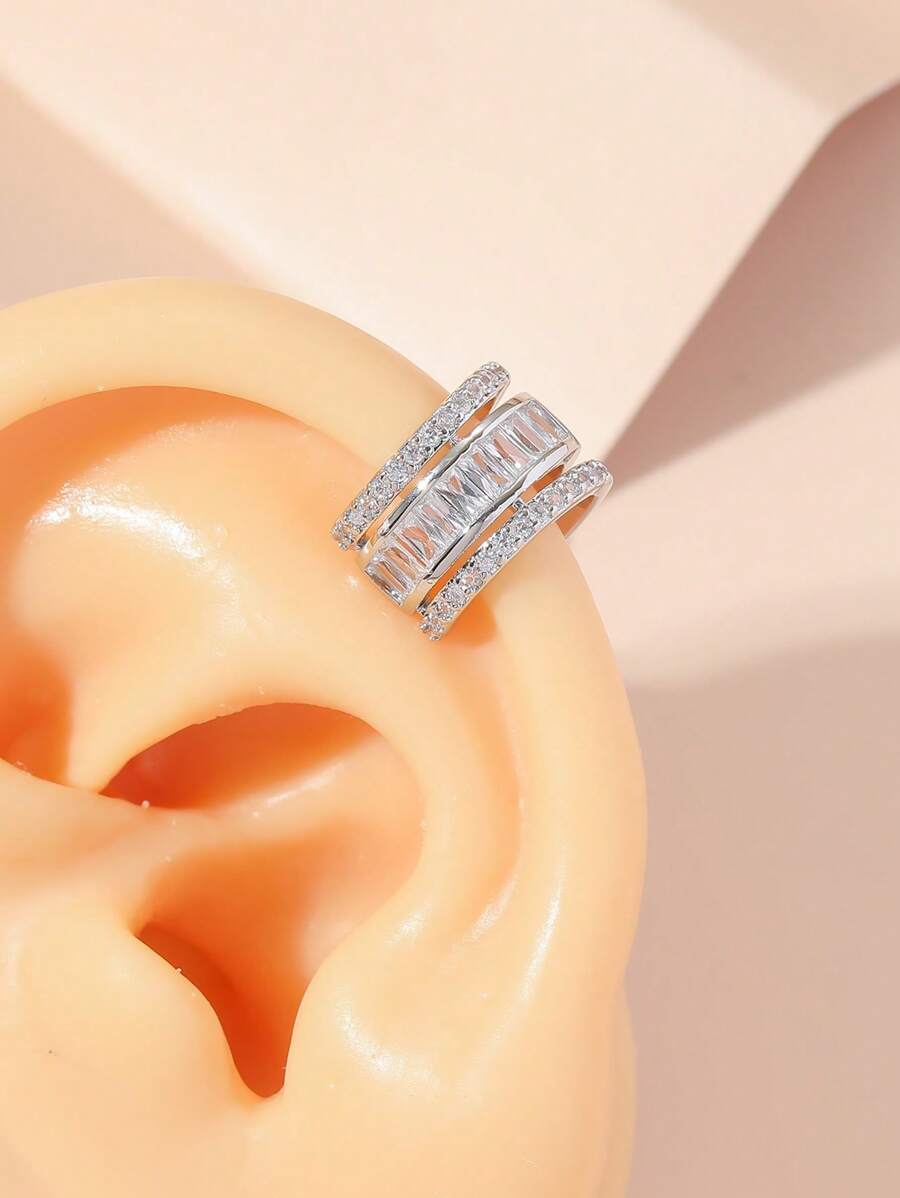 1pc Fashionable Vintage Geometric C Shape Cubic Zirconia Ear Cuff For Left/Right Ear - Silver - View 1