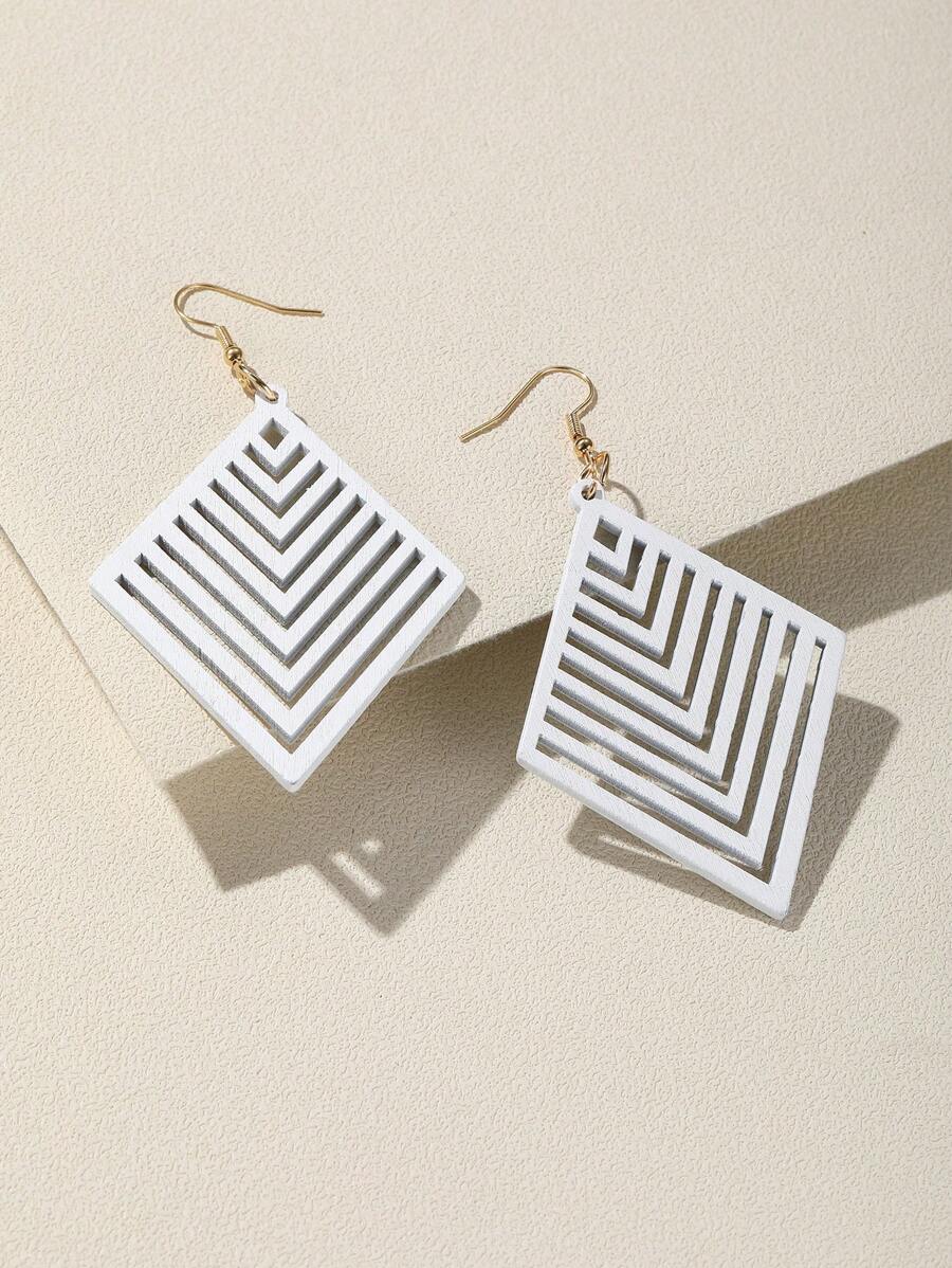 鏤空幾何耳墜 - 白色 - 查看 1