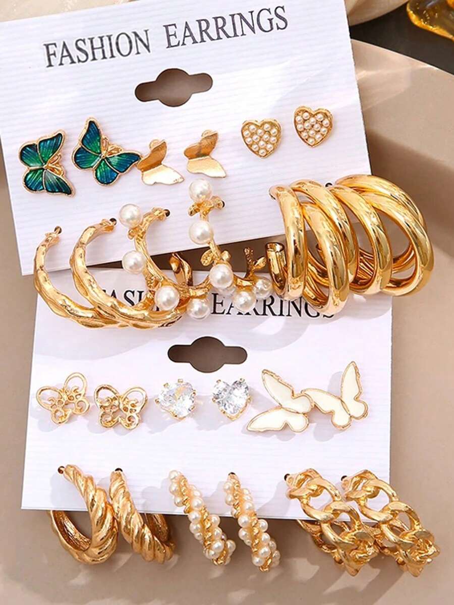 24入組/套女士時尚蝴蝶和心和水鑽和珍珠和鏈條和耳釘完美禮品適合派對 - 金黃色 - 查看 1