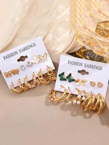 24入組/套女士時尚蝴蝶和心和水鑽和珍珠和鏈條和耳釘完美禮品適合派對 - 金黃色 - 查看 2