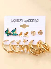 24入組/套女士時尚蝴蝶和心和水鑽和珍珠和鏈條和耳釘完美禮品適合派對 - 金黃色 - 查看 4