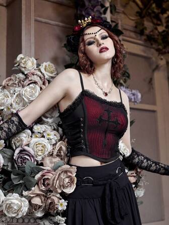 Goth Cami Oberteil mit kontrastierender Spitze und Kreuzstickerei zum Schnüren