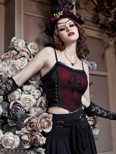 Goth Top de tirantes cruzado con bordado con cordón con encaje en contraste