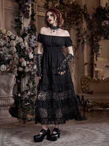 ROMWE Goth 一字肩荷葉邊打褶蕾絲拼接連衣裙 - 黑色 - 查看 2