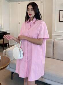 DAZY Solid Pocket Patched Drop Shoulder Shirt Dress,Casual Women Dresses