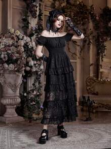 ROMWE Goth 一字肩荷葉邊打褶蕾絲拼接連衣裙 - 黑色 - 查看 3
